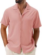 Camisa Cotrasen Cuban Linen para homens de manga curta, cinza, rosa, S