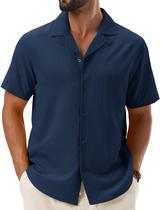 Camisa Cotrasen Cuban Wrinkle Free de manga curta para homens azul marinho