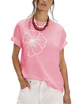 Camisa Creerer Floral Bordada Manga Curta Algodão Rosa