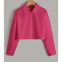 Camisa cropped alfaiataria manga longa tecido duna com botões feminina elegante