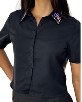 Camisa cropped com gola em pedrarias REF6009 Camisa cropped com gola em pedrarias REF6009
