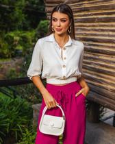 Camisa Cropped com Mangas 3/4 e Botões - Monami - Branca / Pink / Preto