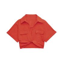 Camisa Cropped De Linho Com Nó Frontal E Bolsos Em Patch Para Mulheres, Blusa Chic Vintage Camisa Cropped De Linho Com Nó Frontal E Bolsos Em Patch Para Mulheres, Blusa Chic Vintage