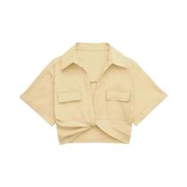 Camisa Cropped De Linho Com Nó Frontal E Bolsos Em Patch Para Mulheres, Blusa Chic Vintage Camisa Cropped De Linho Com Nó Frontal E Bolsos Em Patch Para Mulheres, Blusa Chic Vintage