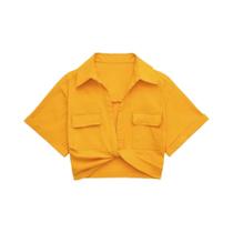 Camisa Cropped De Linho Com Nó Frontal E Bolsos Em Patch Para Mulheres, Blusa Chic Vintage Camisa Cropped De Linho Com Nó Frontal E Bolsos Em Patch Para Mulheres, Blusa Chic Vintage