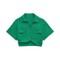 Camisa Cropped De Linho Vintage Com Nó Frontal E Bolsos Aplicados Para Mulheres, Blusa Chic
