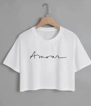 Camisa Cropped Manga Curta Feminina Básica em algodão estampa Amour Fashion Casual