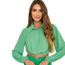 Camisa Cropped Torção Poá Manga Longa D Ritz