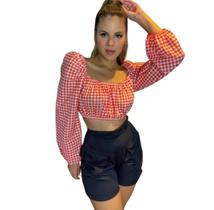 Camisa cropped xadrez manga princesa