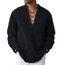 Camisa CTU masculina de algodão e linho medieval Viking Pirate preta 4XL