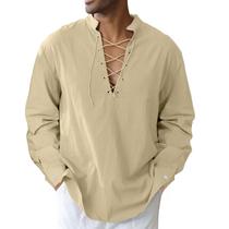 Camisa CTU masculina de algodão e linho, traje viking medieval, cáqui