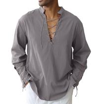 Camisa CTU masculina de algodão, linho, cordão, faixa, faixa, cinza M