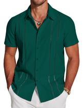 Camisa cubana COOFANDY de manga curta com botões verde escuro