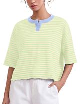 Camisa curta Ardrem feminina listrada de meia manga limão Camisa curta Ardrem feminina listrada de meia manga limão