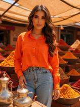 Camisa De Alfaiataria Social Longa Feminina Com Bolsos Na Frente Elegante Linho Macia Confortavel