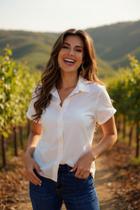 Camisa De Botão Alfaiataria Sem Bolsos de Manga Curta Feminina Elegante Macia Confortavel Em ViscoLinho