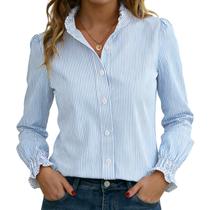 Camisa de botão Funlingo listrada feminina azul branca XL Camisa de botão Funlingo listrada feminina azul branca XL