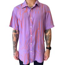 Camisa De Botão Masculina Estampada Abstrata Manga Lilás Viscose Camisa De Botão Masculina Estampada Abstrata Manga Lilás Viscose