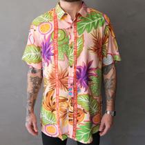 Camisa De Botão Masculina Estampada Tropical Frutas Manga Curta Viscose