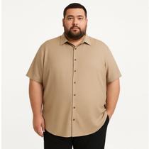 Camisa De Botão Masculina Plus Size Manga Curta Viscose Bege Camisa De Botão Masculina Plus Size Manga Curta Viscose Bege