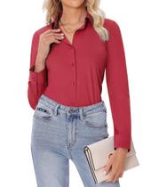 Camisa de botão siliteelon para mulheres de manga comprida vermelha L