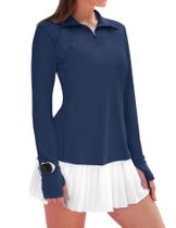 Camisa de caminhada feminina IECCP de manga comprida com zíper 1/4, proteção solar, azul marinho Camisa de caminhada feminina IECCP de manga comprida com zíper 1/4, proteção solar, azul marinho