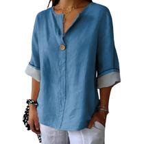Camisa de cardigã feminina Domirica leve azul com decote em V L Camisa de cardigã feminina Domirica leve azul com decote em V L