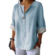 Camisa de cardigã feminina Domirica leve com decote em V azul Camisa de cardigã feminina Domirica leve com decote em V azul