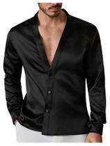 Camisa de casamento masculina Floerns, manga comprida, decote em V, cetim brilhante
