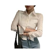 Camisa De Chiffon Branca De Manga Longa Com Botão E Lapela, Com Bolso Para Mulheres, Blusa De Camisa De Chiffon Branca De Manga Longa Com Botão E Lapela, Com Bolso Para Mulheres, Blusa De