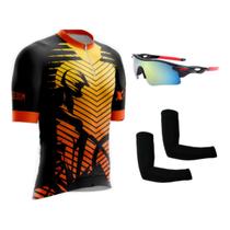 Camisa de Ciclismo Bike C/ Proteção UV + Óculos Esportivo Espelhado + Par de Manguitos