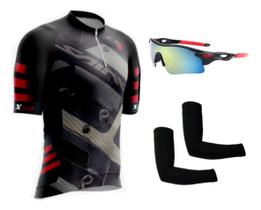 Camisa de Ciclismo Bike C/ Proteção UV + Óculos Esportivo Espelhado + Par de Manguitos