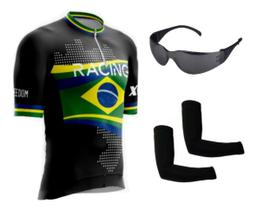 Camisa de Ciclismo Bike Esporte C/ Proteção UV + Óculos Esportivo Preto Antirrisco + Par de Manguitos