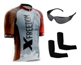 Camisa de Ciclismo Bike Esporte C/ Proteção UV + Óculos Esportivo Preto Antirrisco + Par de Manguitos