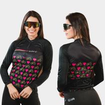 Camisa de Ciclismo Feminina Bike Coração Manga Longa Bolsos Traseiros Proteção Uv Zíper Parcial