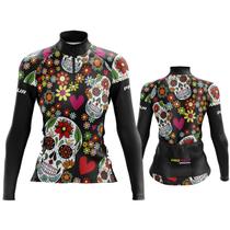 camisa de ciclismo feminina Manga Longa Pro Tour Caveira Flores Dry Fit