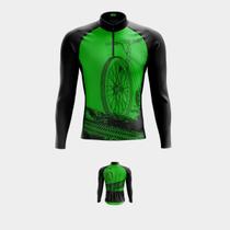 Camisa de Ciclismo Masculina Bike Roda Verde Manga Longa PRO 3 Bolsos Traseiros Proteção Uv Ziper