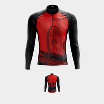 Camisa de Ciclismo Masculina Bike Roda Vermelha Manga Longa PRO 3 Bolsos Traseiros Utilitários Proteção Uv Zíper Parcial