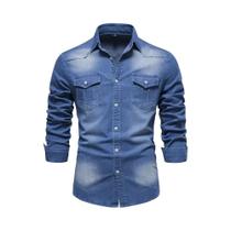 Camisa De Denim De Algodão Elástico Slim Fit Para Homens, Manga Longa, Casual, Estilo Cowboy, Roupas Camisa De Denim De Algodão Elástico Slim Fit Para Homens, Manga Longa, Casual, Estilo Cowboy, Roupas