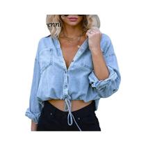 Camisa De Denim Solta Com Cordões Para Mulheres, Casual De Primavera E Outono, Cardigan Fino Com