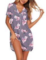 Camisa de dormir Ekouaer com botão e decote em V e manga curta Camisa de dormir Ekouaer com botão e decote em V e manga curta