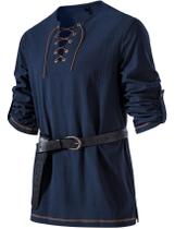 Camisa de fantasia JEMITOP Renaissance Pirate Viking Azul Marinho M Masculina Camisa de fantasia JEMITOP Renaissance Pirate Viking Azul Marinho M Masculina