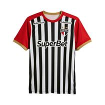 Camisa De Futebol Com Listras Pretas E Brancas, Mangas Vermelhas, Detalhes Dourados, Logos Ademicon,