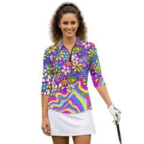 Camisa de golfe Boatee Purple Boho Flower para mulheres, manga 3/4 Camisa de golfe Boatee Purple Boho Flower para mulheres, manga 3/4