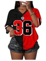 Camisa de jérsei feminina WDIRARA Color Block com decote em V preta e vermelha Camisa de jérsei feminina WDIRARA Color Block com decote em V preta e vermelha