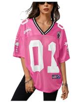 Camisa de Jersey RoseSeek Y2K Football com decote em V rosa choque para mulheres Camisa de Jersey RoseSeek Y2K Football com decote em V rosa choque para mulheres