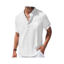 Camisa De Linho Casual Masculina Verão Gola Alta Manga Curta Respirável Solto Básico Bolso Topo