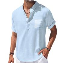 Camisa De Linho Casual Masculina Verão Gola Alta Manga Curta Respirável Solto Básico Bolso Topo