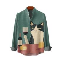 Camisa De Linho Com Estampa Retro De Gatinho Para Homens, Manga Longa, Primavera E Outono, Mais