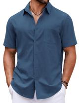 Camisa de linho COOFANDY, manga curta, casual, com botões, azul